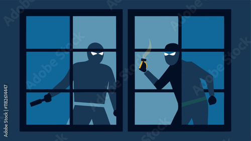Window Reflection The reflection of burglars can be seen in the glass of a front window with one holding a flashlight and the other a tool.