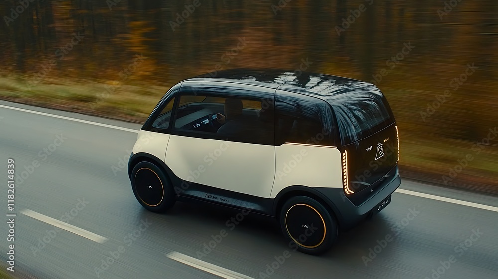 Tiny Electric Car on Forest Road Expedition Tiny Electric Car on Forest Road Expedition