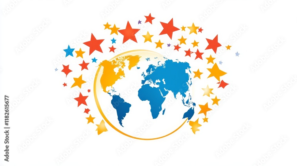 Obraz premium Globe and stars icon. Outline globe and stars vector icon color flat isolated