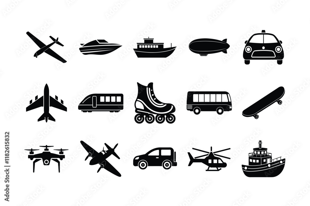 Black Transportation Icons on White Background Vector Set
Black Transportation Icons on White Background Vector Set