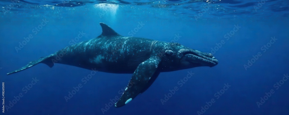 Naklejka premium Small humpback whale in deep blue water, fluke visible , ocean life, blue ocean