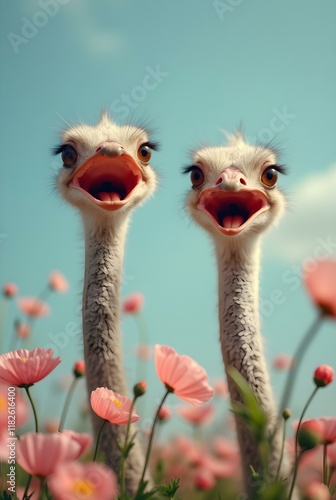 Two playful ostriches with wide grins and long necks pose amidst a field of vibrant pink flowers, creating a whimsical and cheerful scene photo