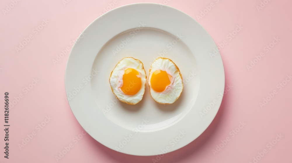 Two perfectly cooked eggs on white plate against pink background Two perfectly cooked eggs on white plate against pink background