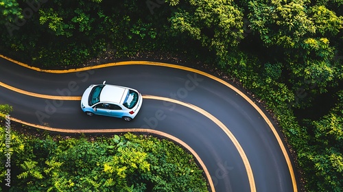 High-Angle View of EV Car in Green Forest photo