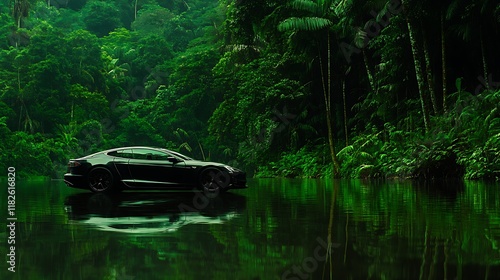 Sleek Electric Vehicle Amidst Lush Greenery photo