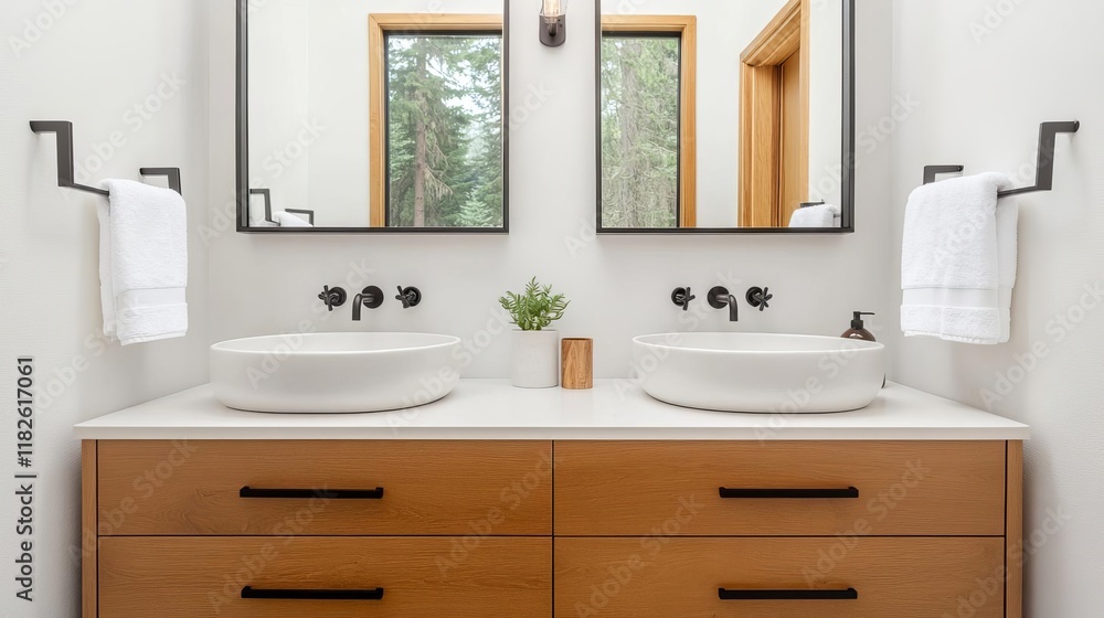 Fototapeta premium Floating vanity with matte wood tones, warm and earthy