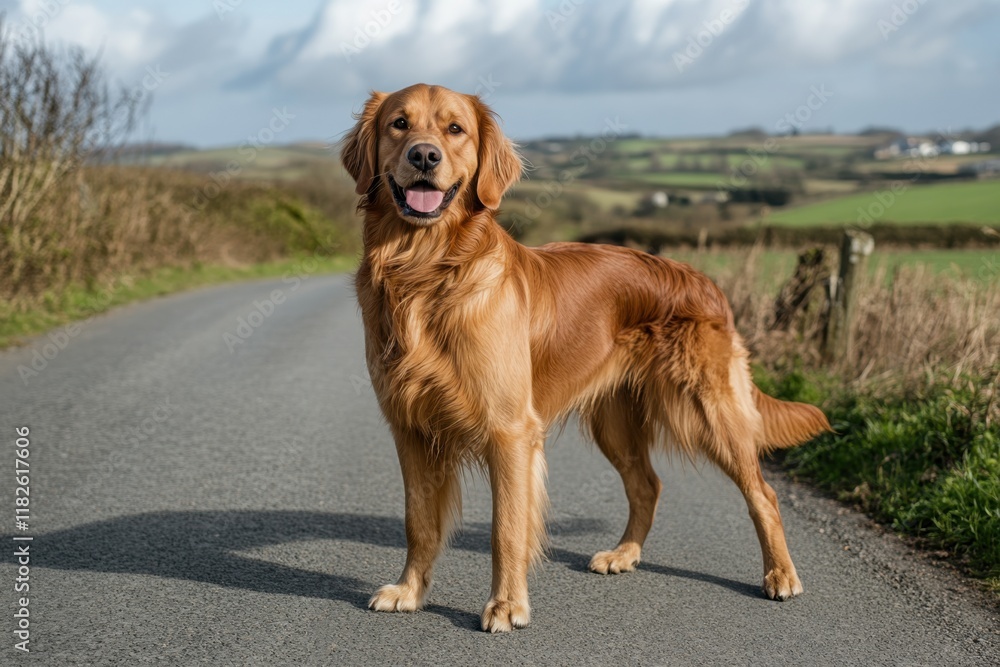 Golden retriever standing on the road, smiling at the camera, in a happy and content mood Generative AI Golden retriever standing on the road, smiling at the camera, in a happy and content mood Generative AI