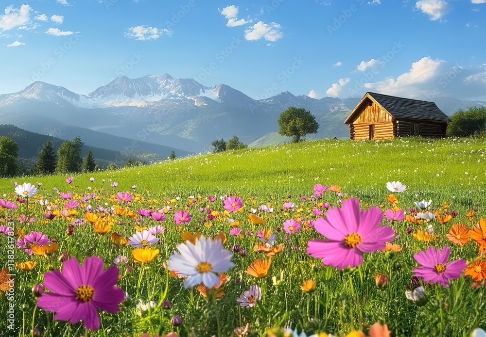 Beautiful flower field with colorful cosmos flowers in the foreground, green grass, and mountains in the background Beautiful flower field with colorful cosmos flowers in the foreground, green grass, and mountains in the background