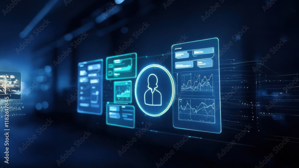 Fototapeta premium Futuristic computer with AI agents projecting a holographic interface