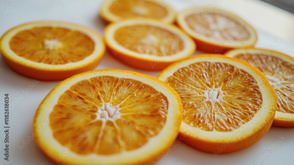 Fototapeta premium Fresh sliced oranges arranged on a white plate, great for still life photography or food styling