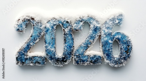 Frozen 2026: icy blue numbers covered in snow on white background photo