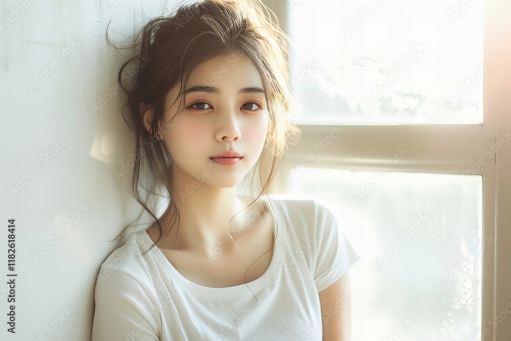 Photo Mock-up of a Young Asian Woman in a White T-Shirt Photo Mock-up of a Young Asian Woman in a White T-Shirt