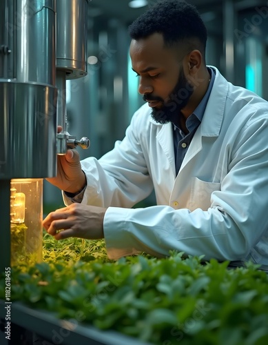 male scientist operating machinery with fresh tea tree leaves