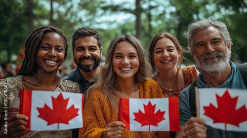 Wallpaper Mural A group of diverse Canadians holding small Canadian flags in a park, celebrating together with smiles and festive spirit, sunny outdoor setting Torontodigital.ca
