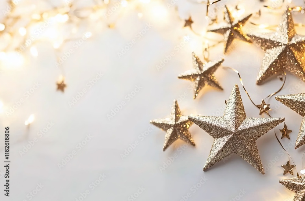 The white background is adorned with golden stars, creating an elegant and festive atmosphere for the New Year's celebration. The white background is adorned with golden stars, creating an elegant and festive atmosphere for the New Year's celebration.