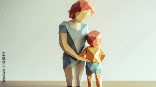 Geometric mother and child sculpture in pastel tones