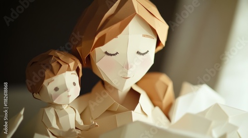 Origami mother and child reading together in soft light