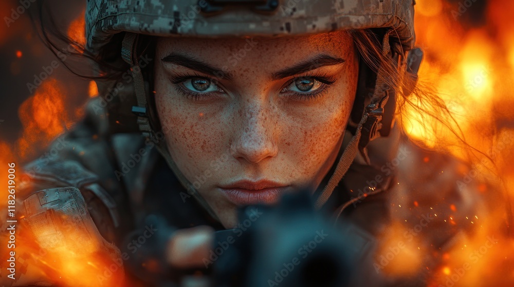 Intense soldier focused amidst fiery backdrop. Intense soldier focused amidst fiery backdrop.