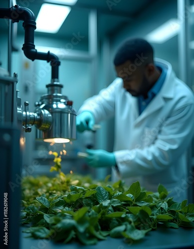 male scientist operating machinery with fresh tea tree leaves