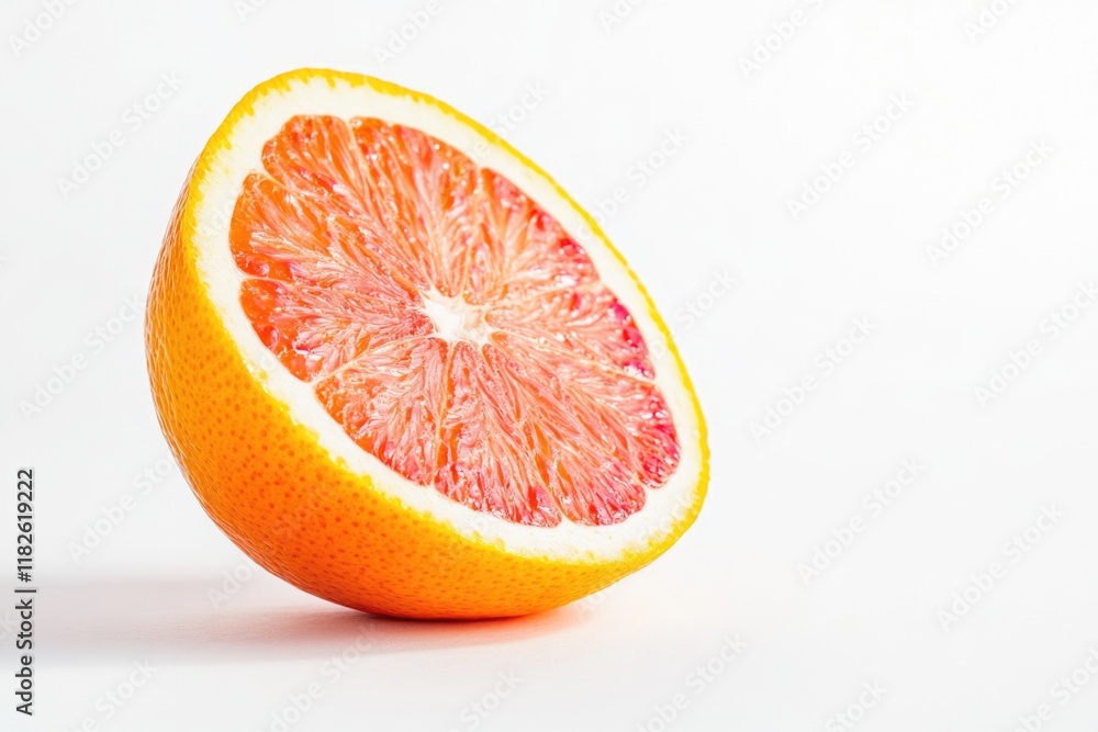 Fresh grapefruit slice sitting on a clean white surface, perfect for food photography or illustrations Fresh grapefruit slice sitting on a clean white surface, perfect for food photography or illustrations