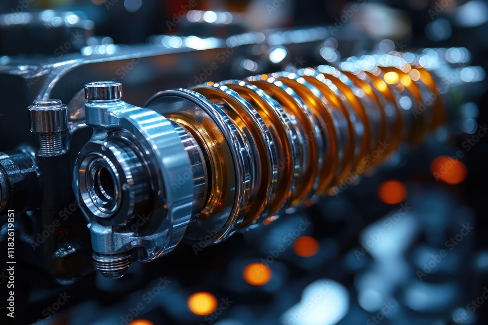 A close-up shot of a metal object illuminated by orange lights in the background A close-up shot of a metal object illuminated by orange lights in the background
