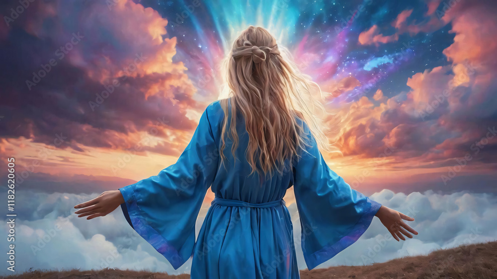 Rear view of a young blonde woman with long hair in a blue hippie-style robe, standing and raising her hands to connect with a higher spirit as a blue-white light streams down from the sky.