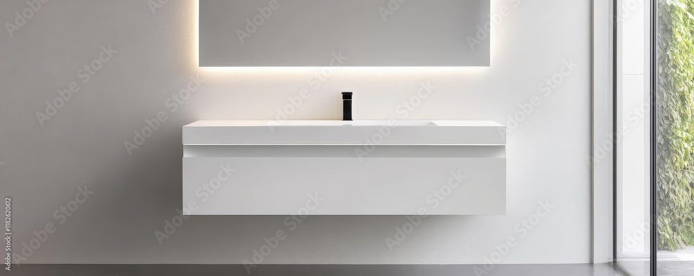 Minimalist floating vanity with white lacquer finish, underscored by soft LED lighting, sleek design Minimalist floating vanity with white lacquer finish, underscored by soft LED lighting, sleek design