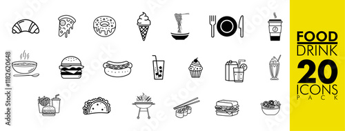restaurant icons sheet of food and drink niche including ice cream, coffee, soup, pasta, cupcake, donut, hot dog, juice, bbq grill, sandwich, burger, pastry, sushi, taco, meal, salad, pizza, and more