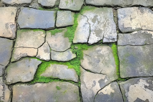 Weathered stone pathway featuring green moss and cracks under natural light photo