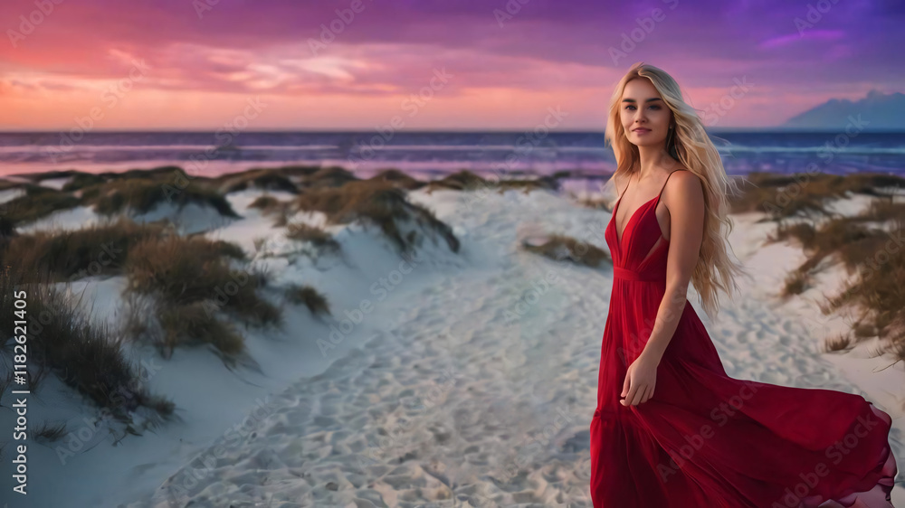 A long-length, full-length shot of a long-haired blonde woman in a red dress walking on a surreal, colorful beach at twilight. Front view, A long-length, full-length shot of a long-haired blonde woman in a red dress walking on a surreal, colorful beach at twilight. Front view,