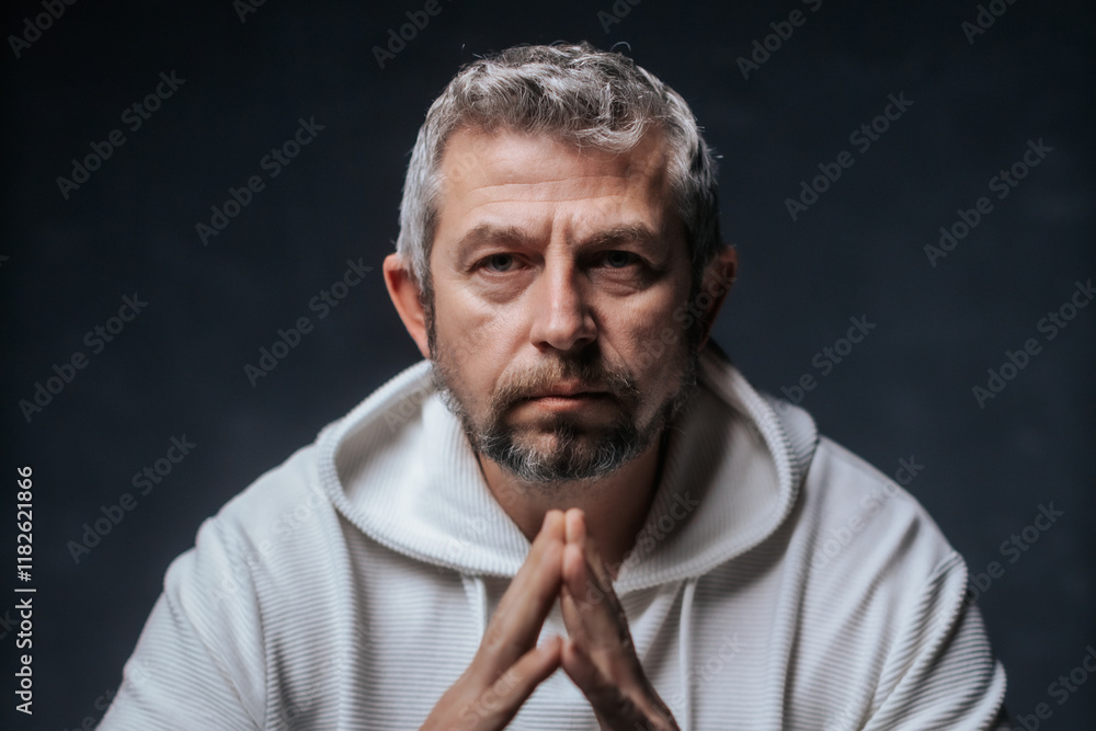 A close-up studio portrait of a mature man with salt-and-pepper hair and a serious, thoughtful expression. Wearing a white hoodie, he poses with hands clasped in front of him A close-up studio portrait of a mature man with salt-and-pepper hair and a serious, thoughtful expression. Wearing a white hoodie, he poses with hands clasped in front of him