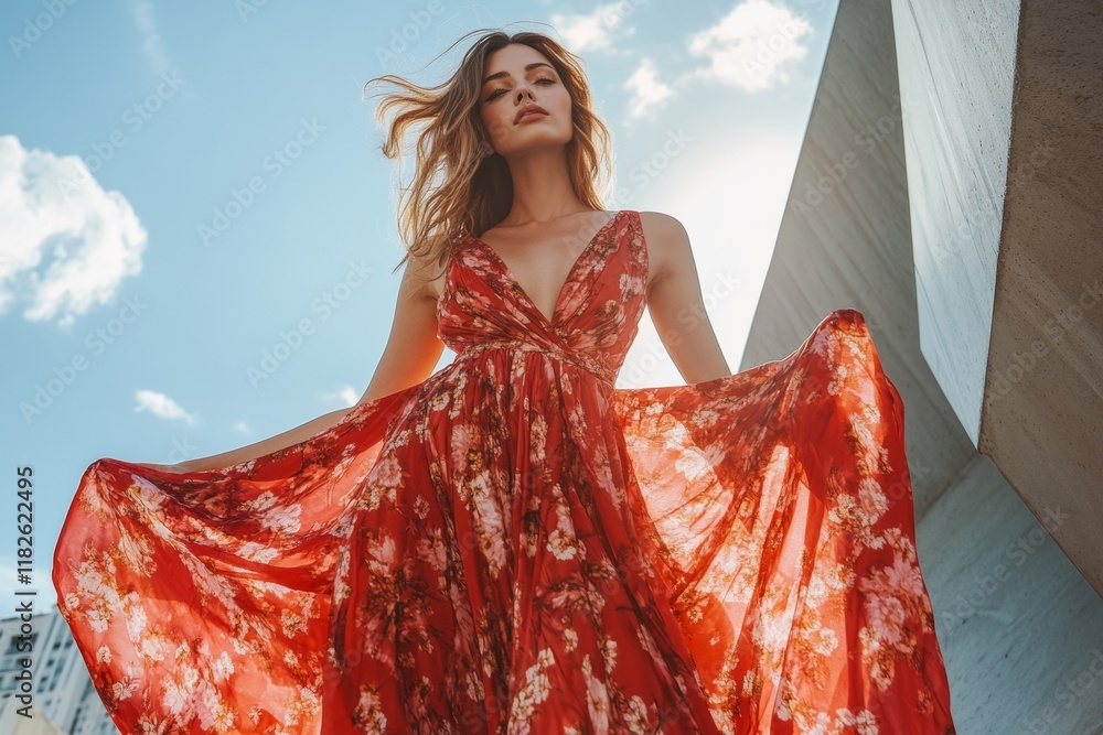 Trendy Street Style Young Woman in Red Floral Maxi Dress Against Urban Backdrop Trendy Street Style Young Woman in Red Floral Maxi Dress Against Urban Backdrop