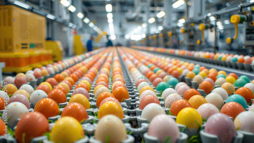 Naklejka premium Many Easter eggs are painted and arranged in neat rows by machines in a modern factory.