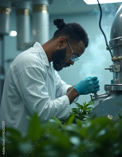 male scientist operating machinery with fresh tea tree leaves