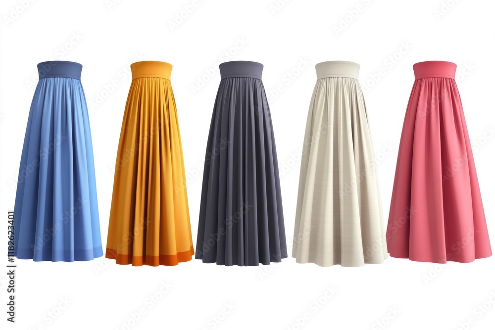 A collection of colorful dresses arranged neatly on a clean white background A collection of colorful dresses arranged neatly on a clean white background
