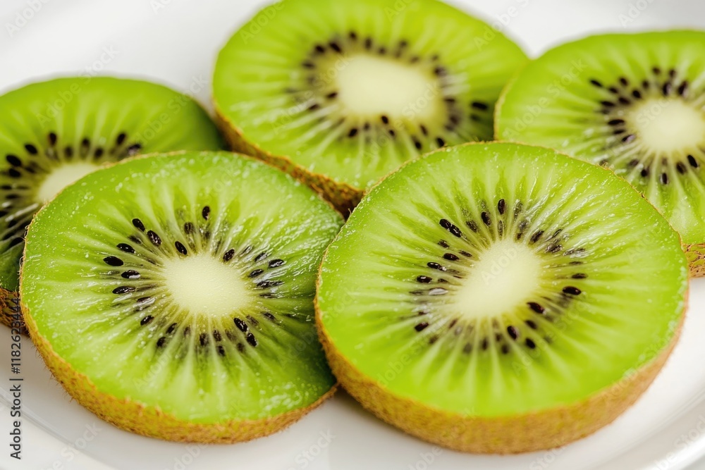 Fresh kiwi slices arranged on a clean white plate, perfect for fruit platters or healthy snacks Fresh kiwi slices arranged on a clean white plate, perfect for fruit platters or healthy snacks