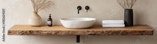 Wooden floating vanity with rough-hewn edges, showcasing natural craftsmanship photo