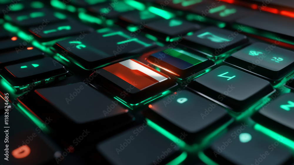 Computer keyboard, close-up button of the flag of Bulgaria. 3D render of a laptop keyboard