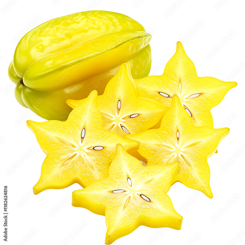 Fototapeta premium Juicy Carambola Slices with Glossy Skin on Transparent Background 