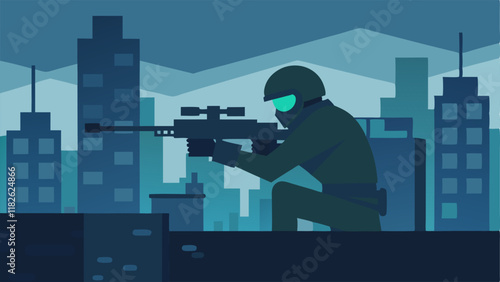 Urban Camouflage An illustration of a camouflaged SWAT sniper blending into a city rooftop with buildings in the background and a scope reflecting the city lights.