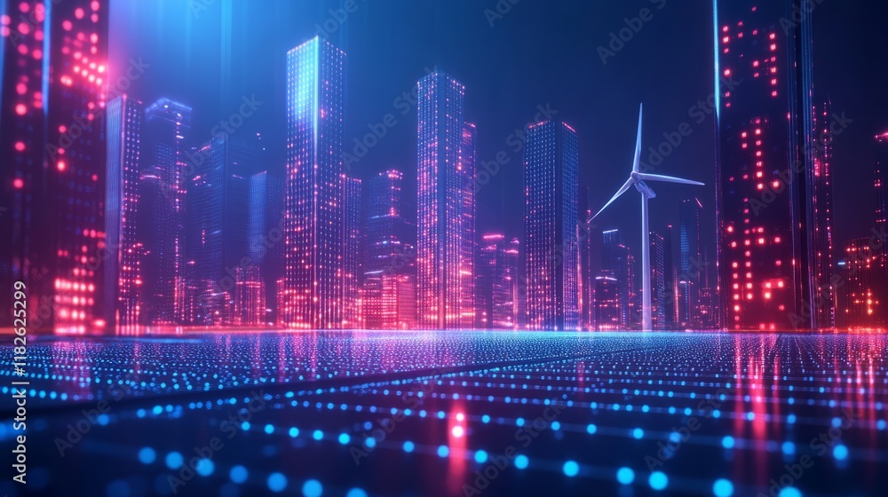Fototapeta premium Futuristic neon cityscape with wind turbine under starry night sky