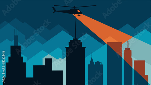 Urban Search The helicopter is flying over a stylized cityscape with a beam of light aimed downwards at a suspect running between buildings.