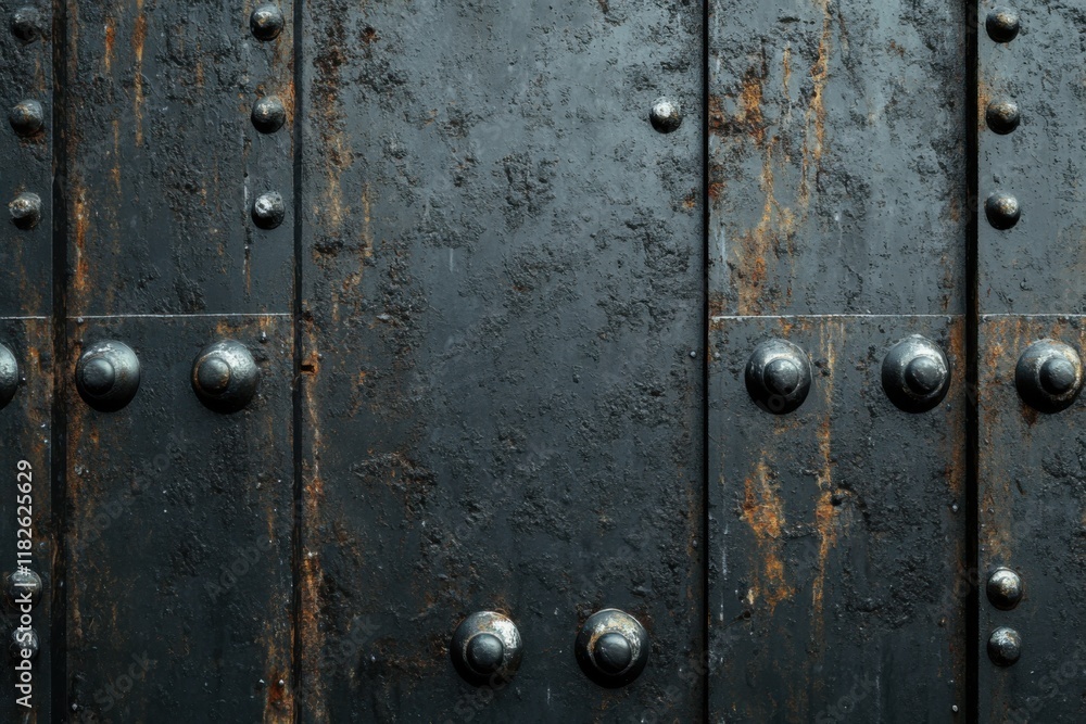 Fototapeta premium Detailed view of a weathered black metal door with rivets and rust, showcasing historical craftsmanship and texture