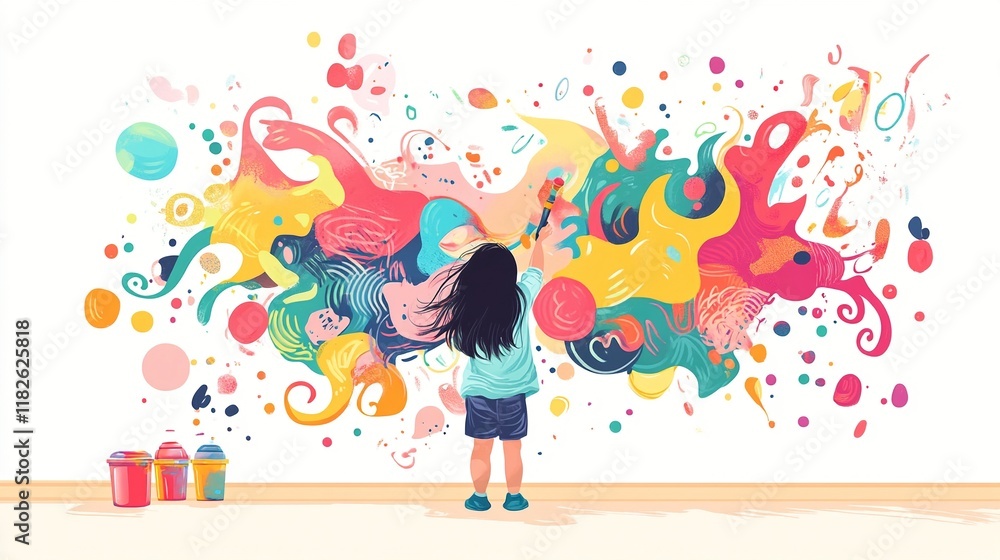 Illustration of a young child painting a vibrant abstract mural on a white wall Illustration of a young child painting a vibrant abstract mural on a white wall