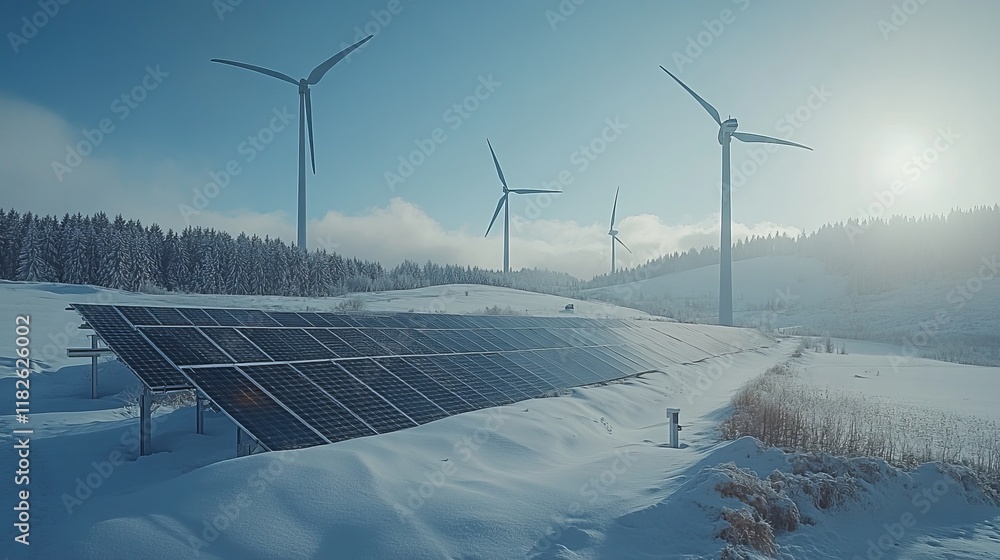 Winter landscape with snow-covered solar panels and wind turbines in the countryside Winter landscape with snow-covered solar panels and wind turbines in the countryside