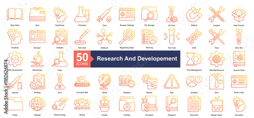 Research and Developement Icon Collection Set.Containing creative, new product, creativity, browser, analysis icon. Simple outline gradient style Vector Illustration.	