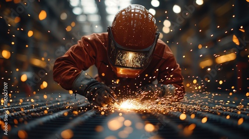 A welder works meticulously, creating sparks in an industrial setting. photo