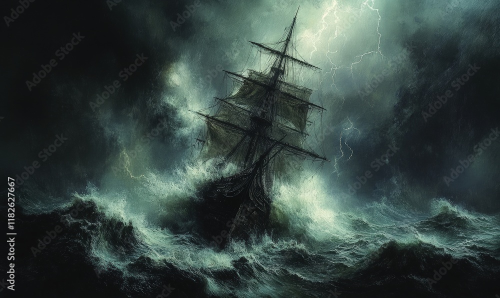 Stormy sea, ship battling tempest, lightning. Stormy sea, ship battling tempest, lightning.