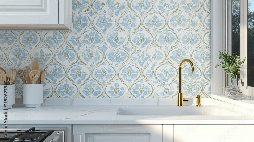 Fototapeta premium Stunning Blue Floral Kitchen Backsplash Design with Exquisite Tile Pattern