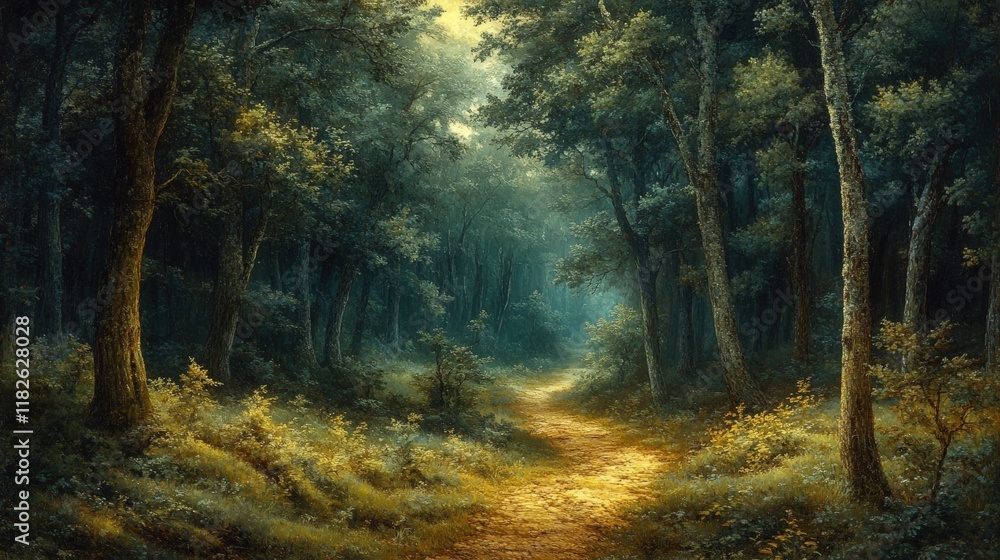 Obraz premium Forest path, sunlit, trees, tranquil scene.